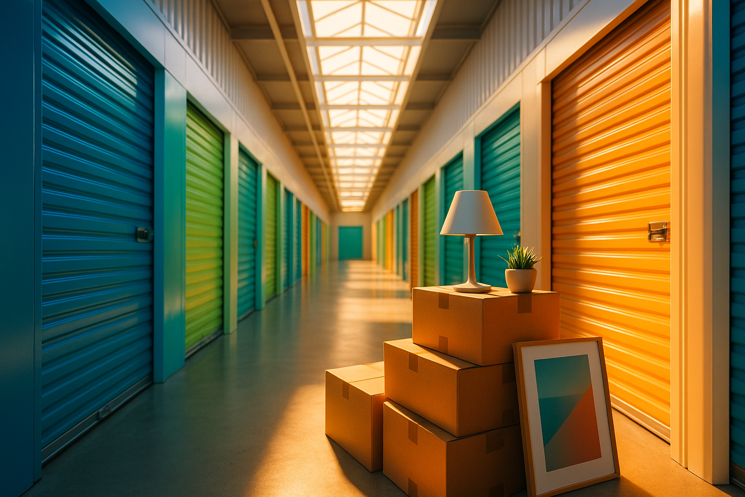 Pasillo luminoso de trasteros modernos en azul y naranja con cajas y objetos del hogar, transmitiendo transición vital optimista.