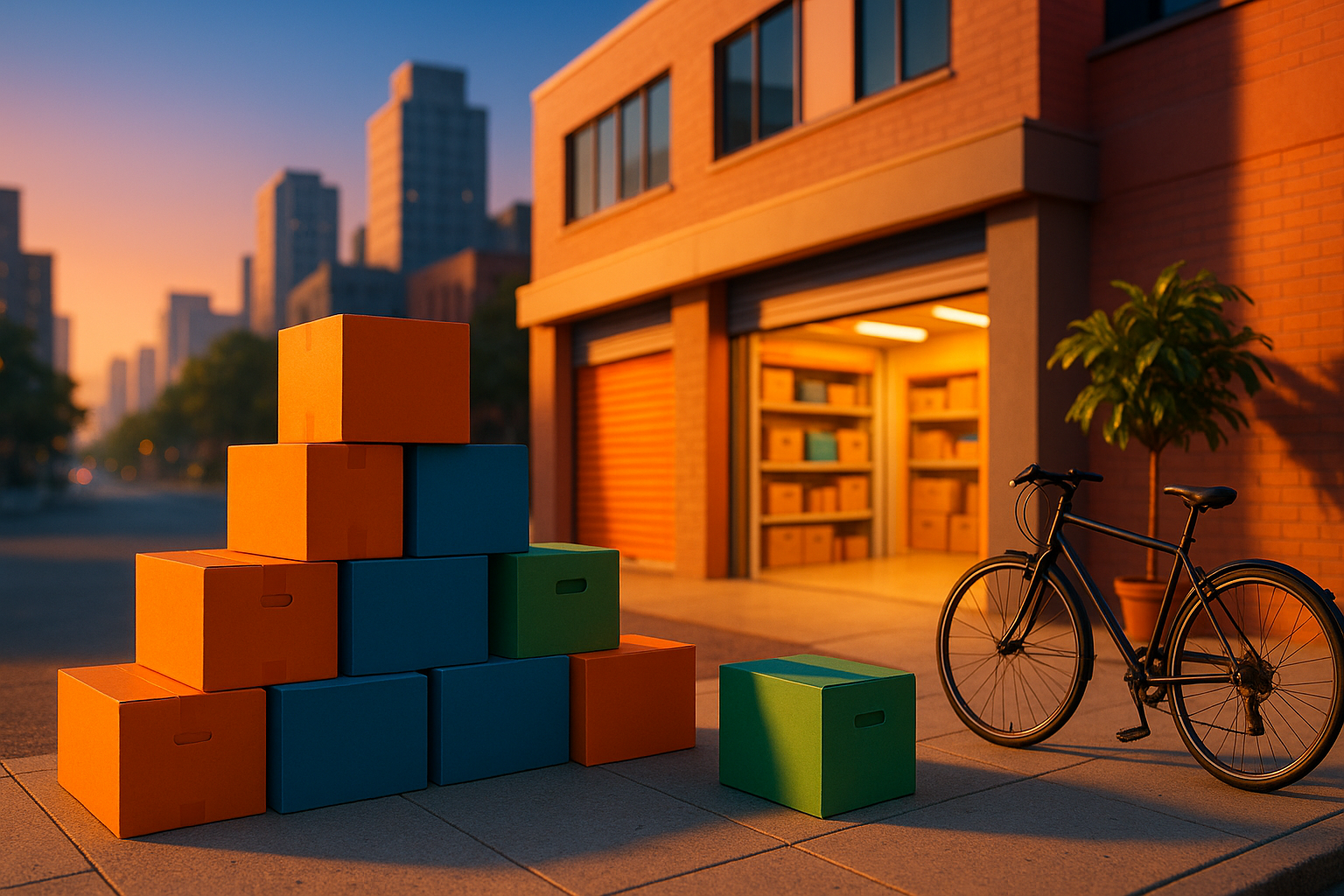 Cajas de mudanza coloridas frente a instalación de self storage moderna bajo luz dorada de verano urbano