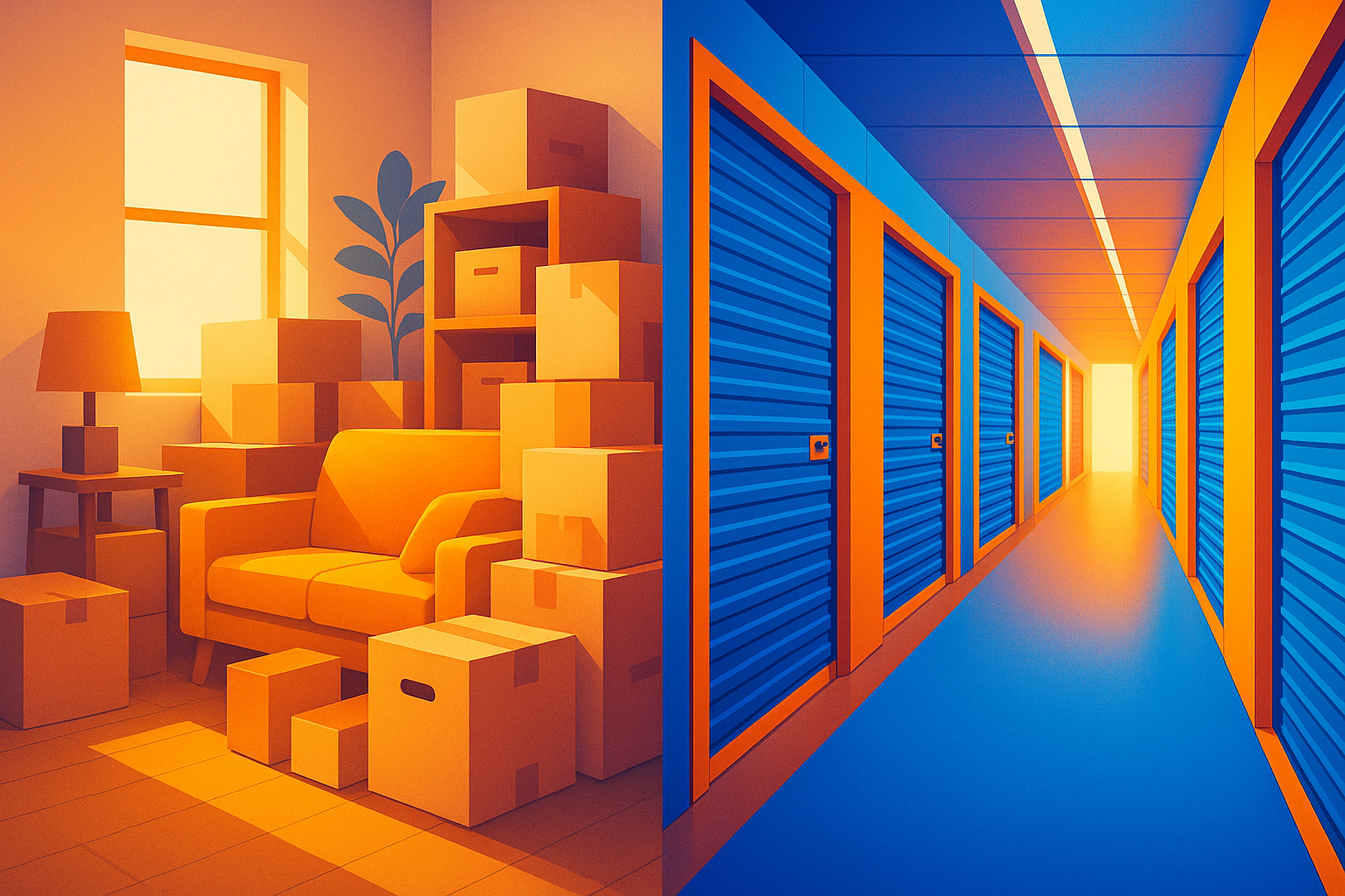 Contraste entre un piso pequeño con pertenencias apiladas y un pasillo luminoso de trasteros de self storage en tonos azul y naranja