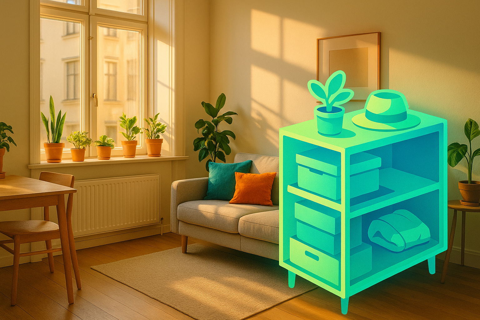 Piso pequeño luminoso y ordenado junto a un trastero bien organizado con cajas y objetos de temporada almacenados