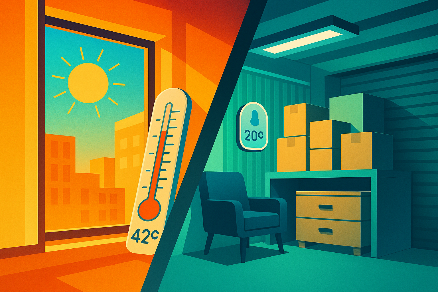 Contraste entre el calor extremo exterior de verano y el interior fresco y ordenado de una instalación de self storage climatizada