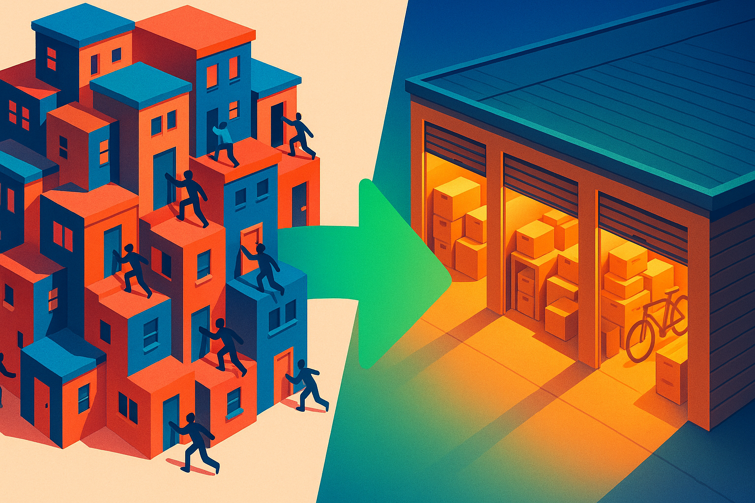 Ilustración isométrica que representa la presión del mercado de alquiler residencial en España como motor de la demanda de self storage