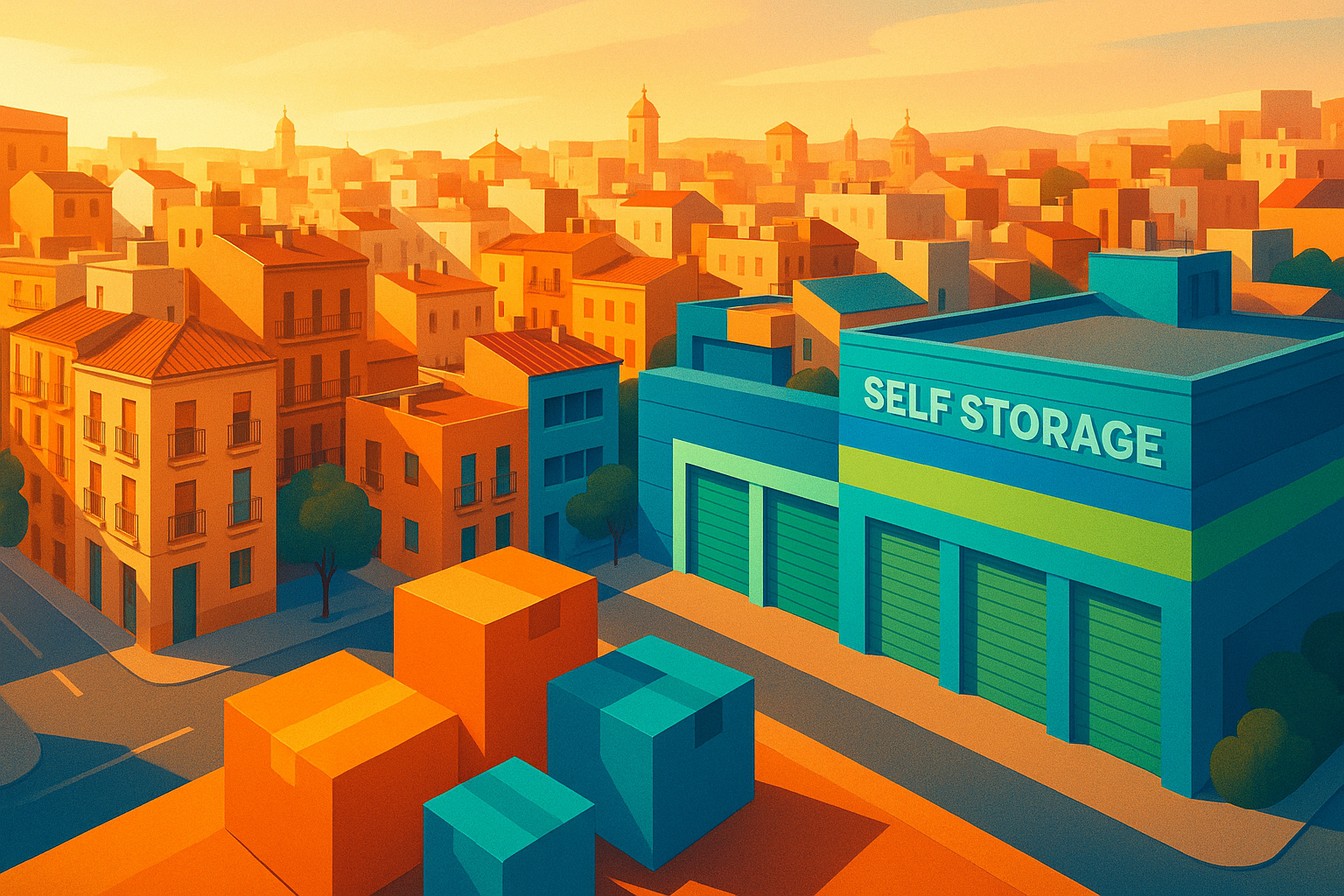Ilustración isométrica de barrio urbano español con edificios de colores cálidos y un centro de self storage moderno en primer plano