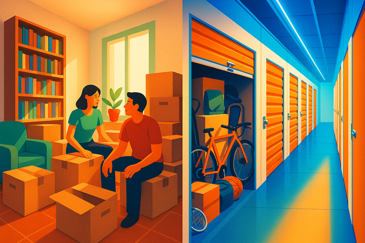 Piso compacto español junto a pasillo de trasteros urbanos bien iluminados con puertas naranja y azul eléctrico
