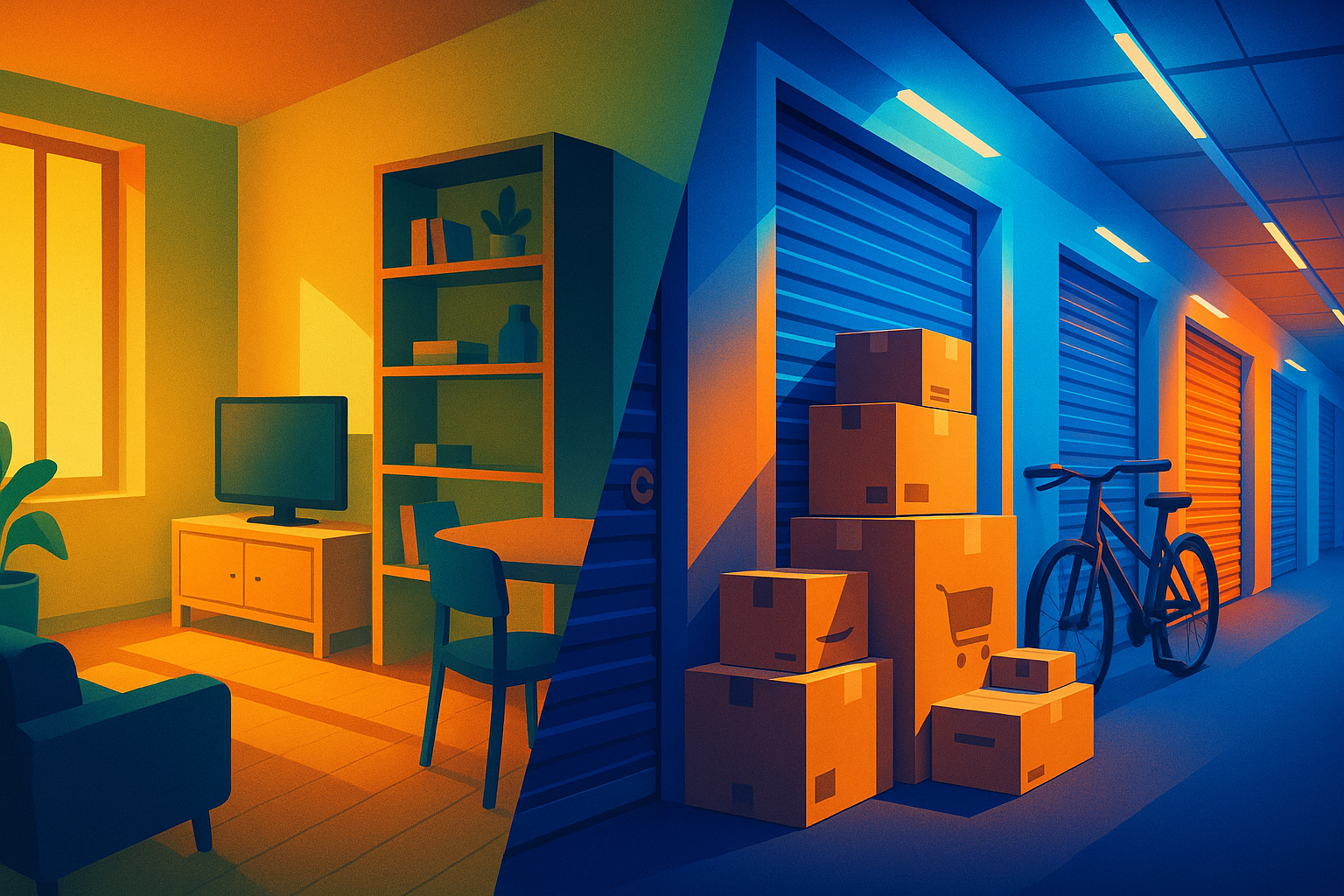 Ilustración editorial que muestra un piso pequeño moderno conectado visualmente con un pasillo de trasteros de self storage con paquetes de e-commerce