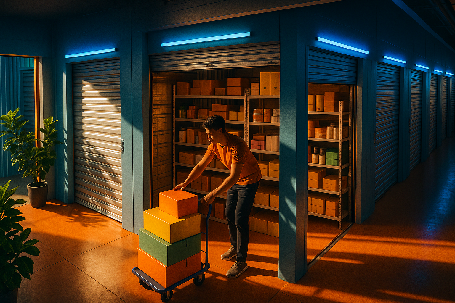 Emprendedor cargando cajas de productos en un pasillo luminoso de un centro de self storage urbano moderno