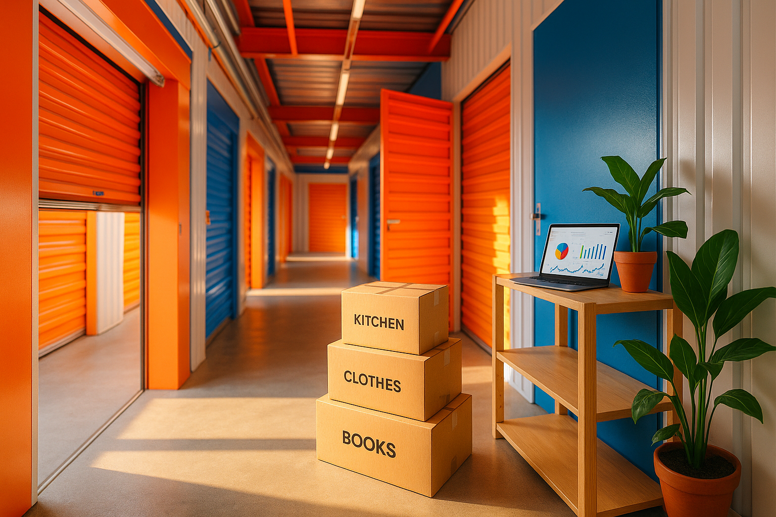 Interior de un centro de self storage moderno con cajas de stock para ecommerce y luz natural cálida, espacio organizado para pymes