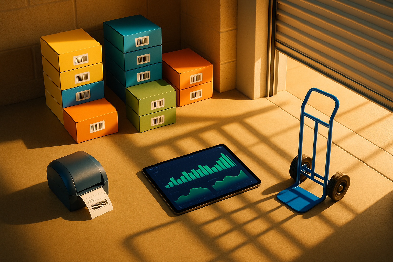 Unidad de self storage adaptada para uso comercial con cajas de inventario, impresora de etiquetas y tablet con panel de ecommerce