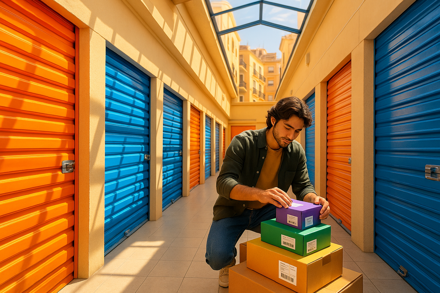 Corredor de un centro de self storage urbano con puertas naranjas y azules, y cajas de envío de e-commerce apiladas ordenadamente