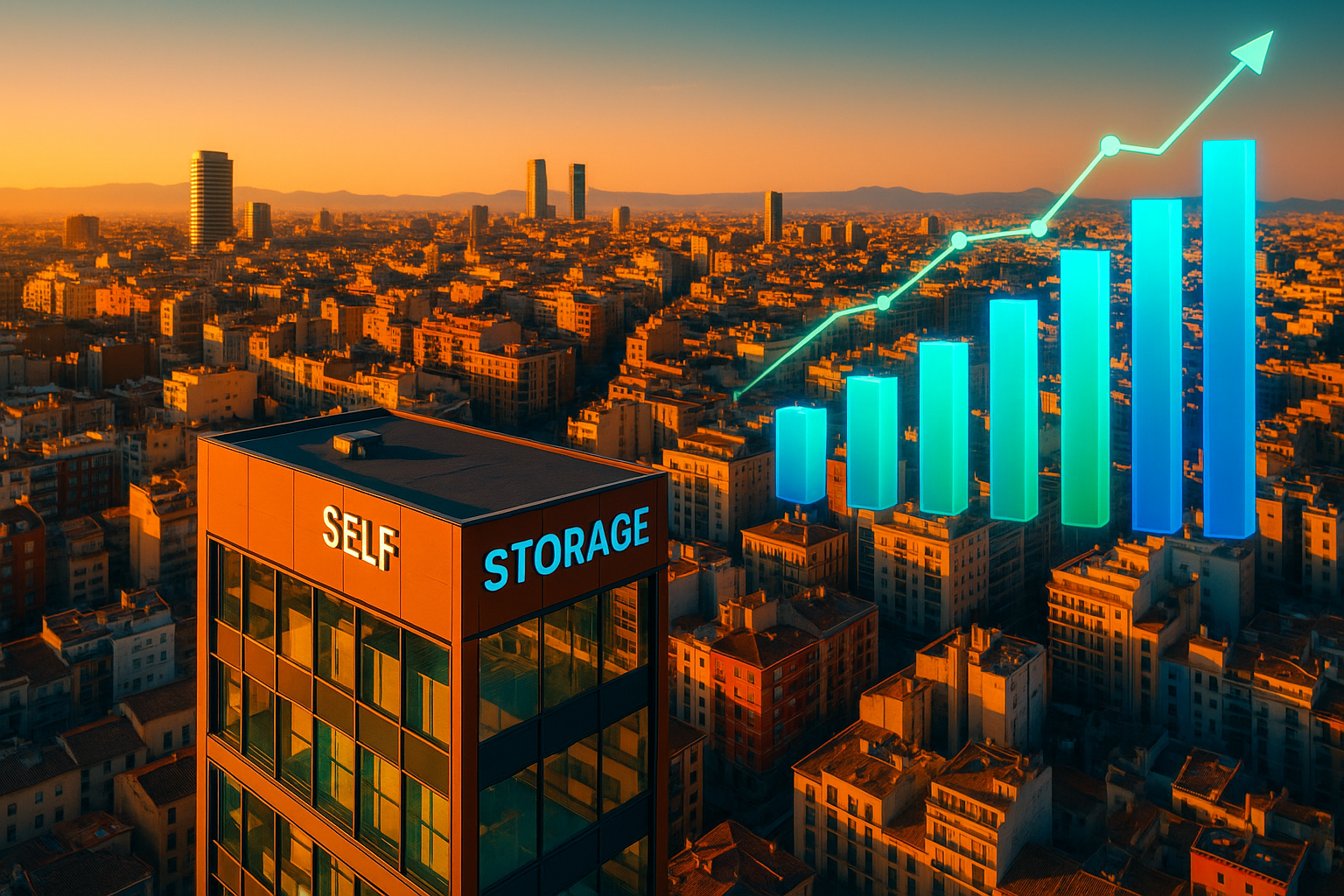 Vista aérea de ciudad española moderna al atardecer con instalación de self storage contemporánea en primer plano y elementos de datos visuales