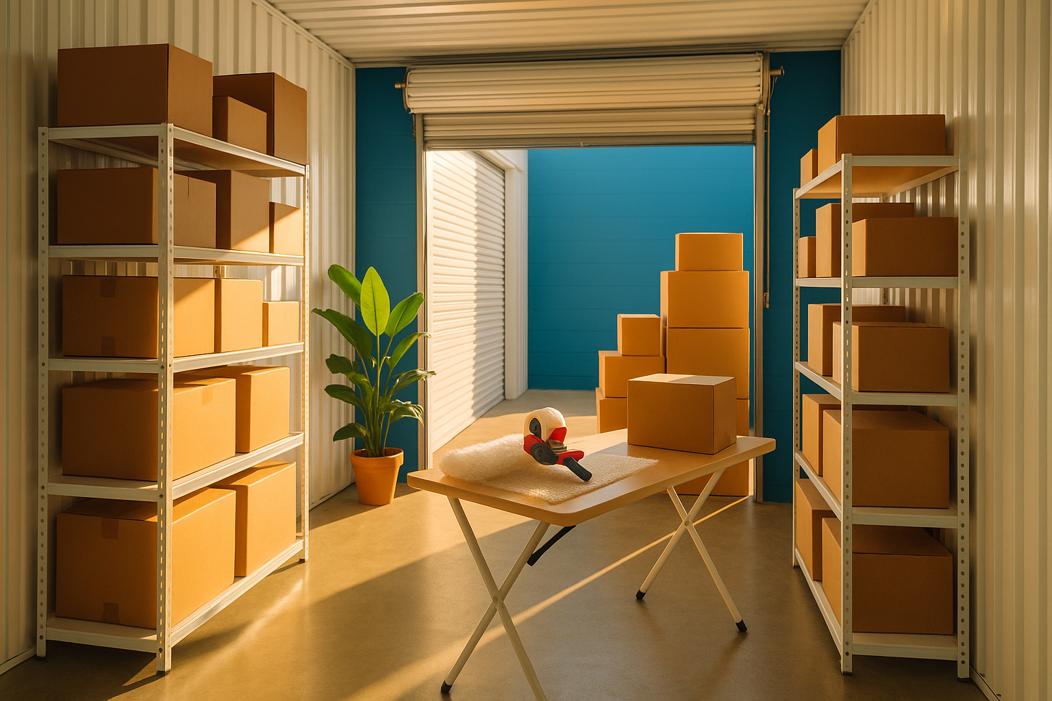 Interior de una unidad de self storage organizada como almacén de ecommerce, con cajas apiladas y zona de embalaje iluminada con luz natural cálida