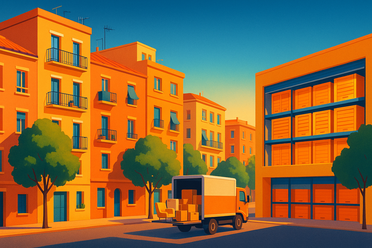Barrio residencial español con edificios de colores, camión de mudanzas y centro de self storage moderno al fondo