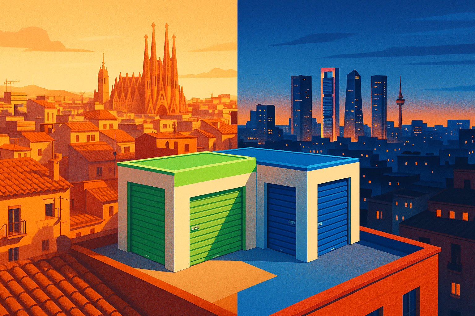Ilustración editorial comparando los mercados de alquiler de Barcelona y Madrid con unidades de self storage en primer plano