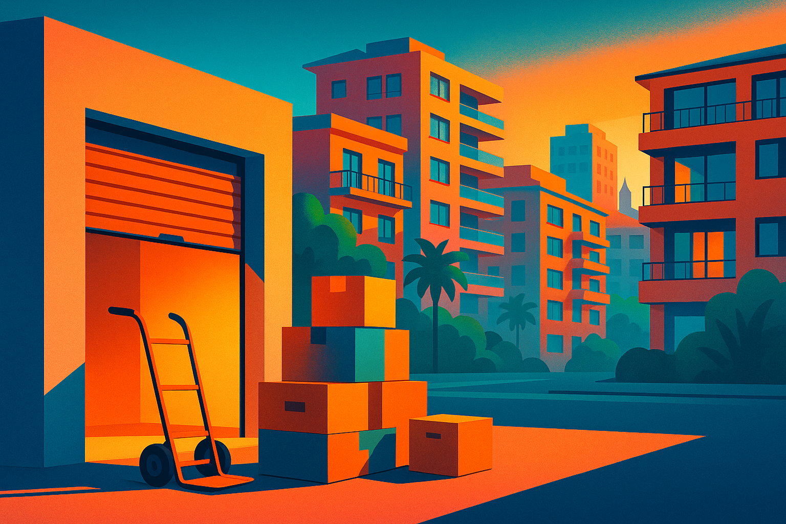Ilustración isométrica de mudanza urbana en verano con cajas apiladas, edificios de pisos y entrada a un trastero moderno iluminado