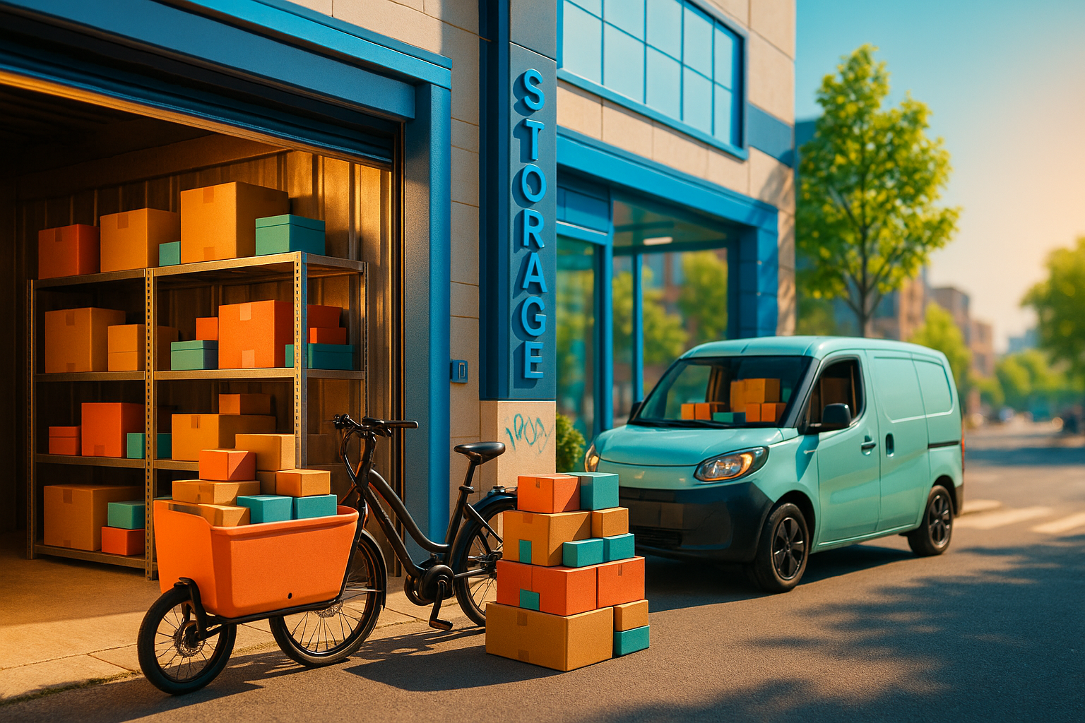 Centro urbano de self storage como micro-hub logístico de última milla, con bicicletas eléctricas y paquetes coloridos en ambiente moderno y vibrante.