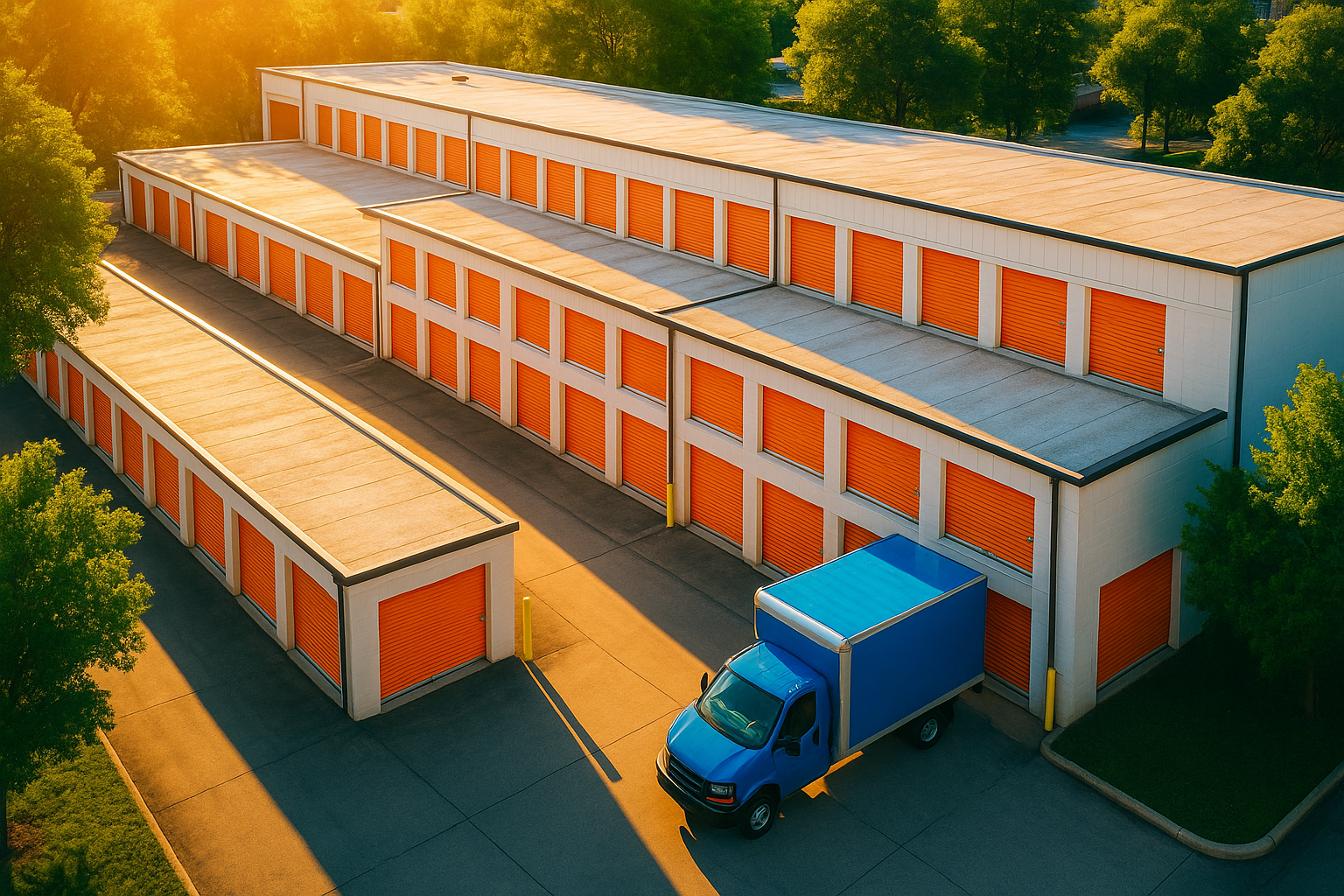 Centro de self storage urbano moderno en verano con camión de mudanzas aparcado en la entrada y pasillos de módulos iluminados