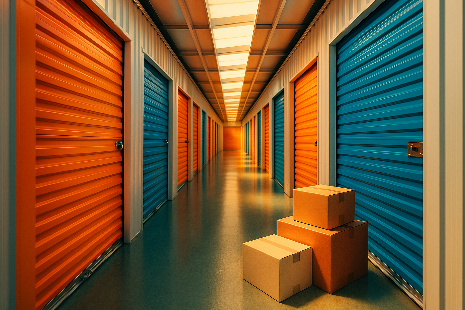 Pasillo de trasteros modernos con puertas naranjas y azules eléctricas bañado en luz dorada cálida, transmitiendo solución y optimismo.