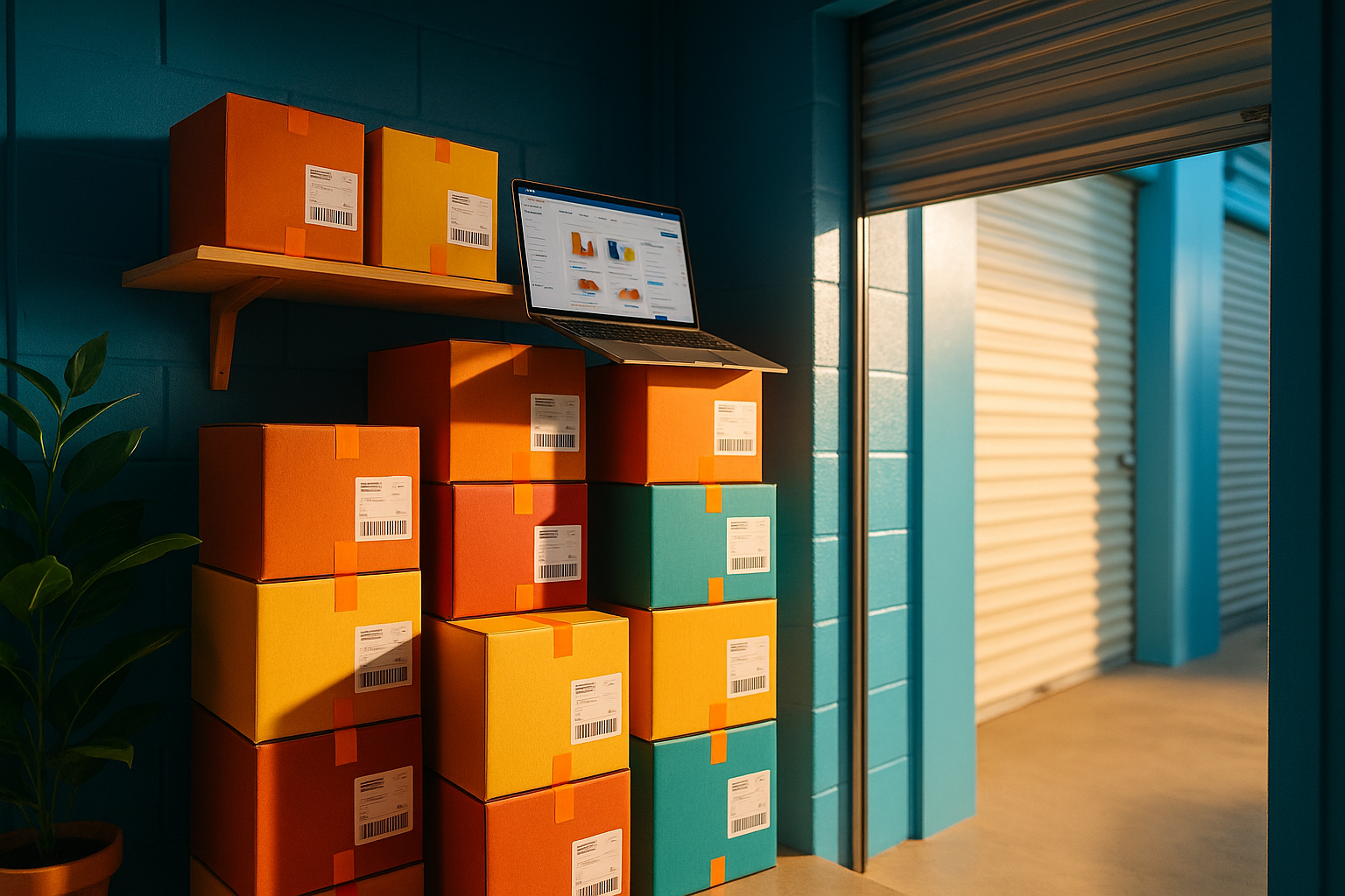 Trastero de self storage organizado como almacén de e-commerce con cajas de envío apiladas y portátil abierto