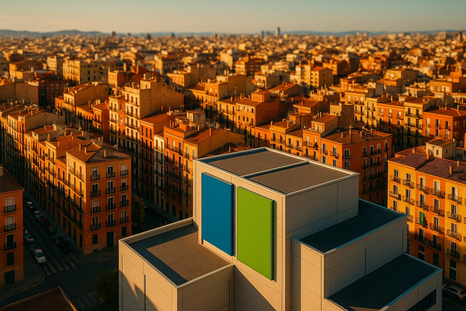 Vista aérea de un barrio urbano español con bloques de pisos compactos y un moderno centro de self storage en primer plano