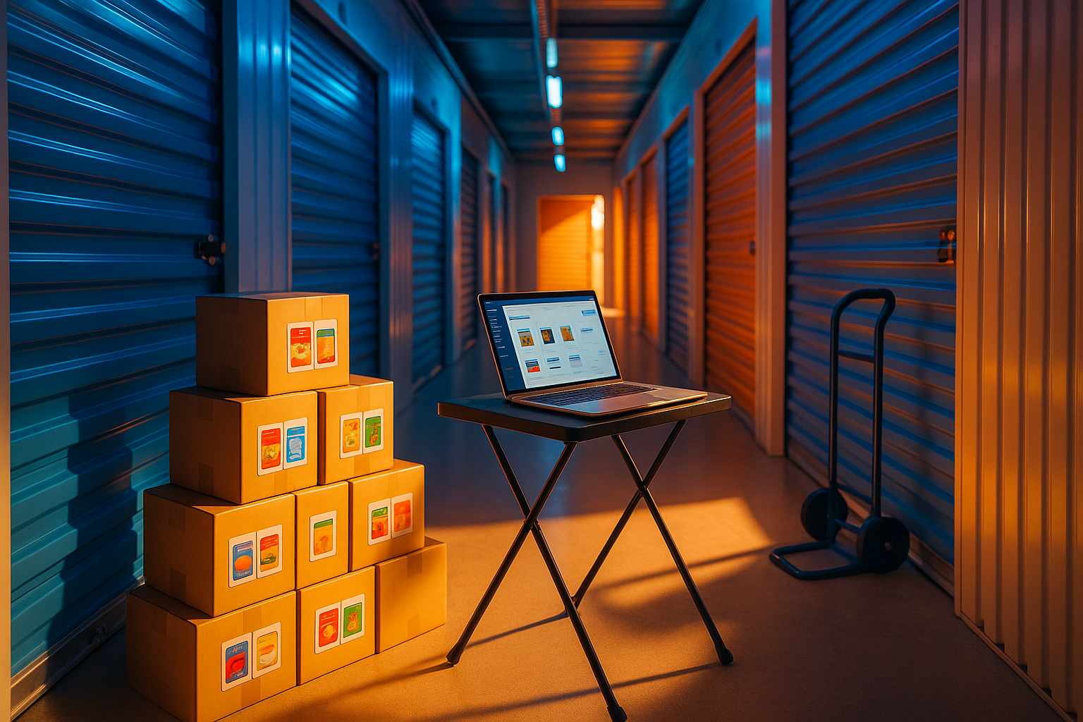 Pasillo de self storage con cajas de productos de comercio electrónico, portátil con tienda online abierta y luz cálida natural