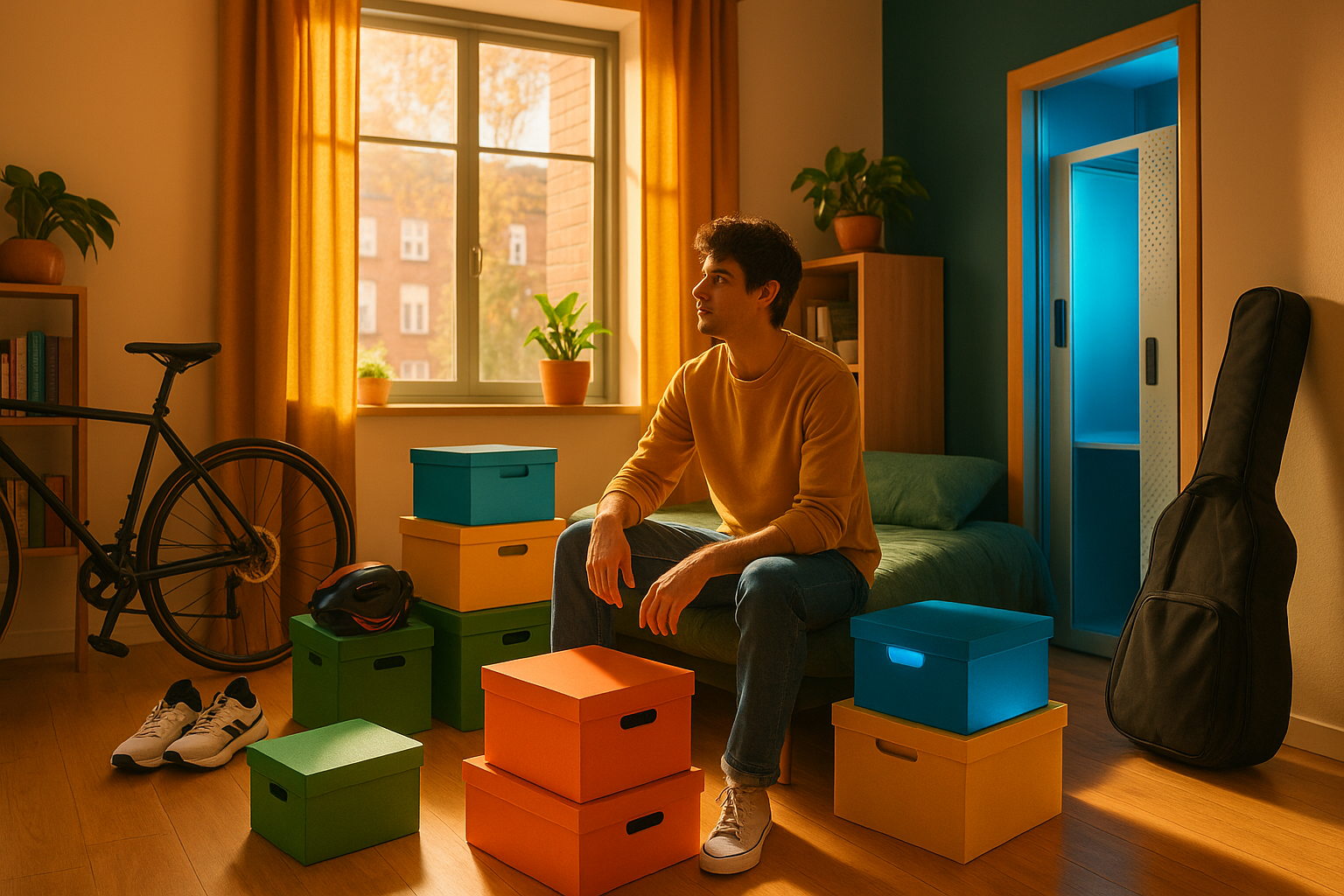 Habitación pequeña de piso compartido con objetos personales y un locker de self storage urbano moderno con luz azul.